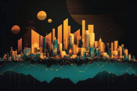 Finance, money, investment, and business concept background with a double exposure of a cityscape, a schematic bar and line graph, and rows of coins. Generative AIの素材