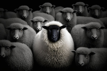 Sheep, with One Black Sheep in the Middle of the Group. Generative AIの素材
