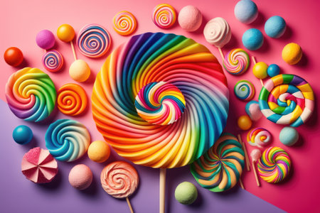 Spiral of candy, wooden stick and all, lollipops in rainbow colors on a pink background. Generative AIの素材