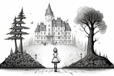 Magnificent realm fit for a princess, straight out of a fairy tale. Classical Hotel. Wonderland. Cartoon character drawn in black and white on a white background. Content aimed at kids. Lovely tale ab. Generative AIの素材