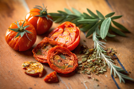 Herbs from Provence on top of tomatoes. Delicious dried tomatoes are a rare treat. Generative AIの素材