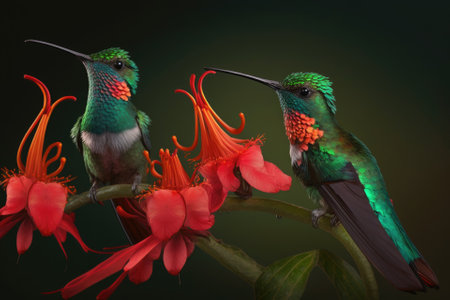 Emerald crowned Hummingbirds Heliodoxa jacula, a brilliant butterfly, perched on a stem of a stunning red flower. Birds with shrill calls soar across the jungle canopy. Tamarins and other monkeys in C. Generative AIの素材