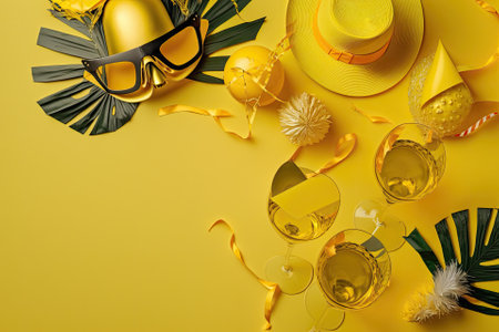 Festive yellow background with party hats, masks, and champagne glasses. In the spirit of a carnival. Copy space in the top view. Generative AIの素材