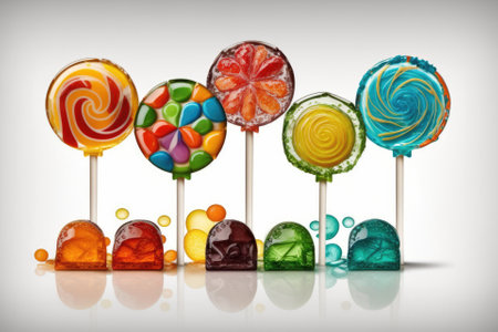 Hard candies in bright colors and flavors, representing various fruits, isolated on white. sweetmeat, confection, or lollipop. Generative AIの素材