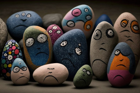 Patience and cooperation. Stones with painted faces on them represent cooperation amongst workers. Awareness of other cultures and the ability to read and manage emotions. Collaborative effort and coe. Generative AIの素材
