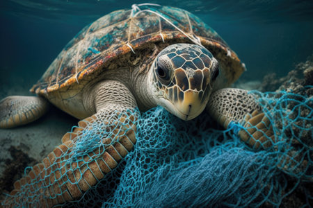Sea turtles entangled in plastic fishing lines, ocean plastic pollution. Generative AIの素材