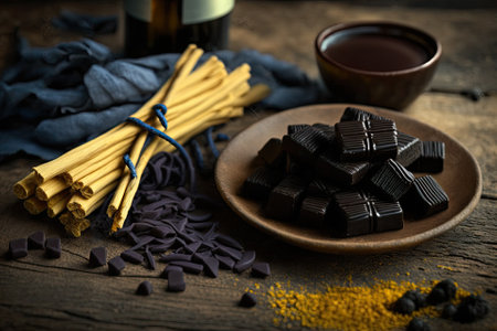 Liquorice root with dried sticks and tasty black sweets on a wooden table, closeup. Generative AIの素材