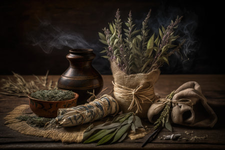 Native American smudging herbs, including fresh and dried sage, arranged in braids on a dark wooden table, foreground. Generative AIの素材
