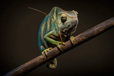 Hidden chameleon, balancing on a bamboo stick, in front of a dark background. The chameleon is a stand alone image on a dark background. Generative AIの素材