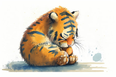 Paint by numbers. A digital drawing of a cuddly cartoon tiger dozing off, isolated on a white background. Wee, lovable watercolor creatures. Generative AIの素材