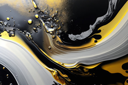 Using silver, gold, and black and white, this abstract piece evokes the gleam of metal. Featuring a space based scene from the far future. Close up of my acrylic pouring artwork. Generative AIの素材