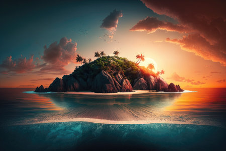 Sunset on a beautiful tropical island, seen in panoramic view. Generative AIの素材