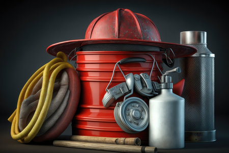 Safety gear for putting out fires. Tools and equipment to put out fires. Boiling water or froth inside a red cylinder. The cylinder is linked to the fire hose. Firefighting gear. Innovative firefighti. Generative AIの素材