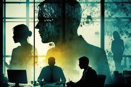 People silhouetted at work in an office setting. The idea of working together as a unit. network effects and double exposure. Generative AIの素材