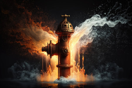 The fire suppression system is fully automatic. In the event of a fire, the sprinklers will go off. Background of flames and water. Generative AIの素材