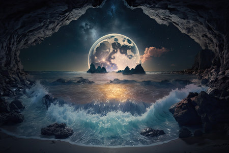 Magical Nighttime Seascape With the Moon Shining Below the Surface. Generative AI