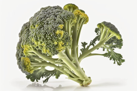 On a white background, a broccoli stalk. Newly harvested florets of broccoli. the entire field of focus. Generative AIの素材