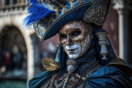 Participant in the annual Venice Carnival, complete with elaborate mask and costume (Carnevale di Venezia). Venetian Italy, Veneto, Europe 05 06.02.2016. Generative AIの素材