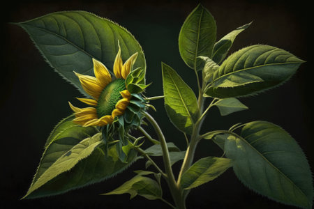 To wit, the bright green and yellow sunflower blossom and leaves of a young plant. Generative AIの素材