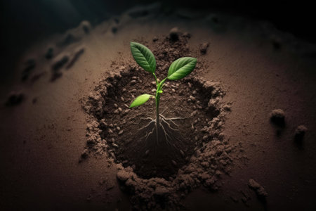 One green sprout, seen from above, emerges from a mound of soil. Generative AIの素材