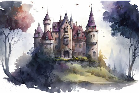 Unrealistic castles from a fairy tale. Work in watercolor and digital illustration. Generative AIの素材