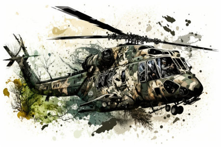 Military chopper in flight preparation, isolated on white. Generative AIの素材