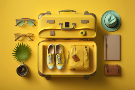 Unpacked Yellow Suitcase With Vacation Gear Isolated On A Yellow Background. Generative AIの素材