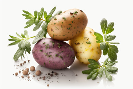 Raw potato varieties, with some thyme, piled on a white background. Generative AIの素材