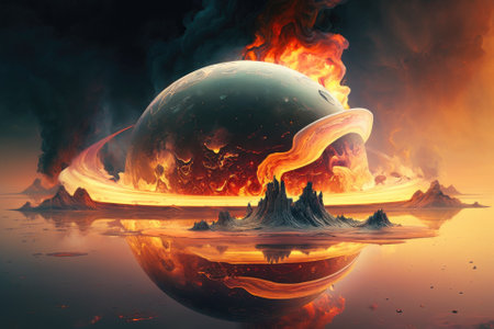 Saturn as a watery, fiery planet. Illustrations of futuristic concepts. Generative AIの素材