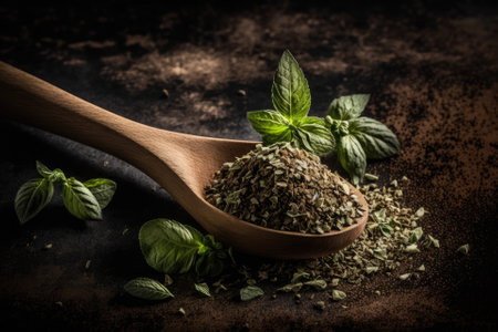 Using a wooden bamboo spoon, crush the oregano to make a spice. Principles of a balanced diet. Generative AIの素材