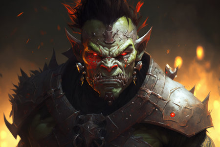 Red eyed, glowing eyed, armored orc warrior. Generative AIの素材