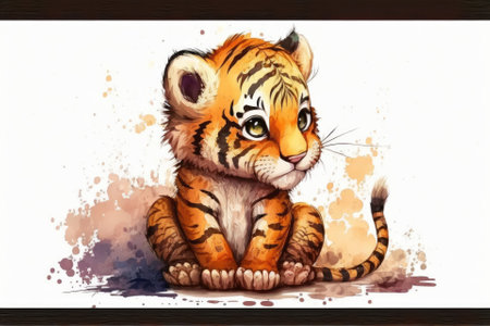 Paint by numbers. Illustration of a cartoon tiger made digitally and placed against a white background. Wee, lovable watercolor creatures. Generative AIの素材