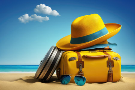 Vacation preparations include packing a trendy summer hat, packing a bright yellow luggage, and heading to a picturesque beach. Vacation time travel. The idea of summer travel against a blue sky and s. Generative AIの素材