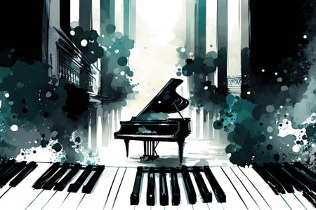 Watercolor painting foreground, digital illustration brush in background, abstract art of a piano keyboard in the forefront. Generative AIの素材