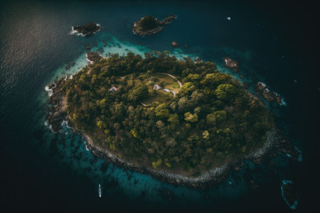 The little, rural island of Santo Aleixo, as seen from above, is home to stunning natural features and is a veritable paradise for nature lovers and those seeking solitude. Generative AIの素材