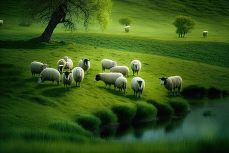 Sheep grazing peacefully on green grass in a meadow. Generative AIの素材