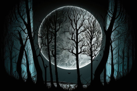 Shadowy woods. Trees, a huge moon, and a gloomy nighttime sky. Reek, cast a shadow. A cold, dark, abstract backdrop for a city street. A look at the nighttime. Generative AIの素材