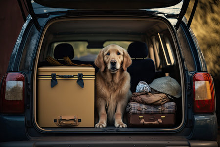 a picture of a golden retriever pup packing up the car for a road trip. Generative AIの素材