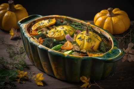Vegetables cooked in an oven dish. Squash, zucchini, and florets of broccoli baked in the oven. The idea of vegan meals as healthy. Generative AIの素材