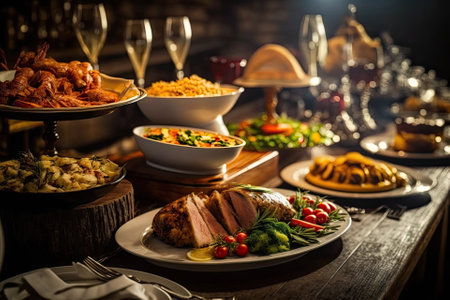 We provide catering. Food on a restaurant table. Lots of food here. Food served on plates. Meal times, dinner, lunch. Generative AIの素材