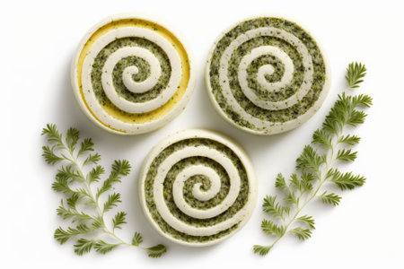 Three spirals of fancy herb seasoned butter on a white background, for use as a panorama banner or header in a culinary styling concept. Generative AIの素材