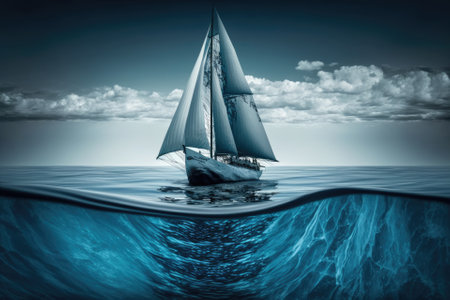 Sailboat on the ocean, blue with the keel submerged. Generative AIの素材