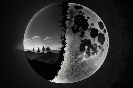 Shadows cover up half of the moon in the night sky png. Generative AIの素材