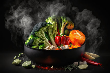 Vegetables, carrot, broccoli, and cauliflower, steaming in a black dish. Red hot and boiling Hot cuisine and healthy meal theme with fresh vegetables and fruits on a black table. Generative AIの素材