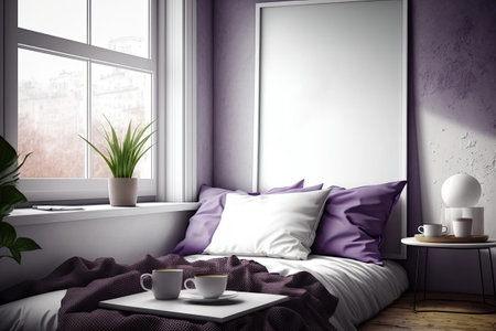 A corner of the room with a coffee table and a poster is well-lit. By a big window are a purple blanket and a white pillow. Image of a comfortable home. a mockup Toned pictureの素材