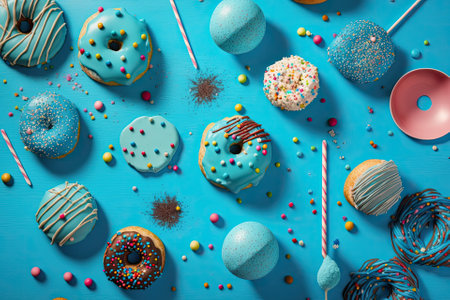 Donuts, krapfen, and berliners adorned with streamers, confetti, and other party trimmings on blue wooden platters. Birthday or carnival backdrop. Generative AIの素材