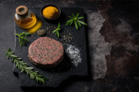 Beef patty cutlets made from raw ground beef. Olive oil as a backdrop for a meat and burger cooking scene. writing space over herb spice arrangement and black stone concrete table. Generative AIの素材