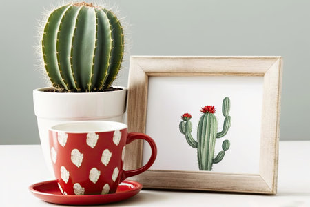 Beautiful cactus, wooden photo frame, and red coffee cup on white wooden tabletopの素材