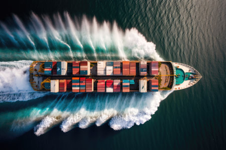 Moving freight from a port or cargo yard to a destination farther out to sea is shown by an aerial shot of a container ship in motion. Generative AIの素材