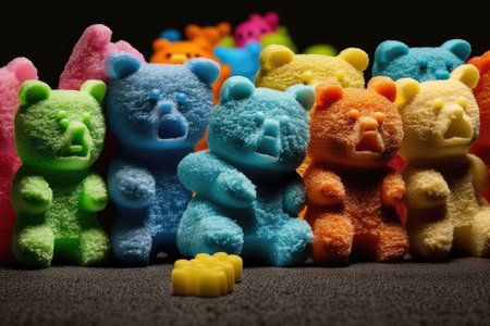A vivid rainbow of sorted sour patch kids, perfect for a candy lover or someone looking to draw attention to the current societal trend of excessive sugar consumption. Generative AIの素材